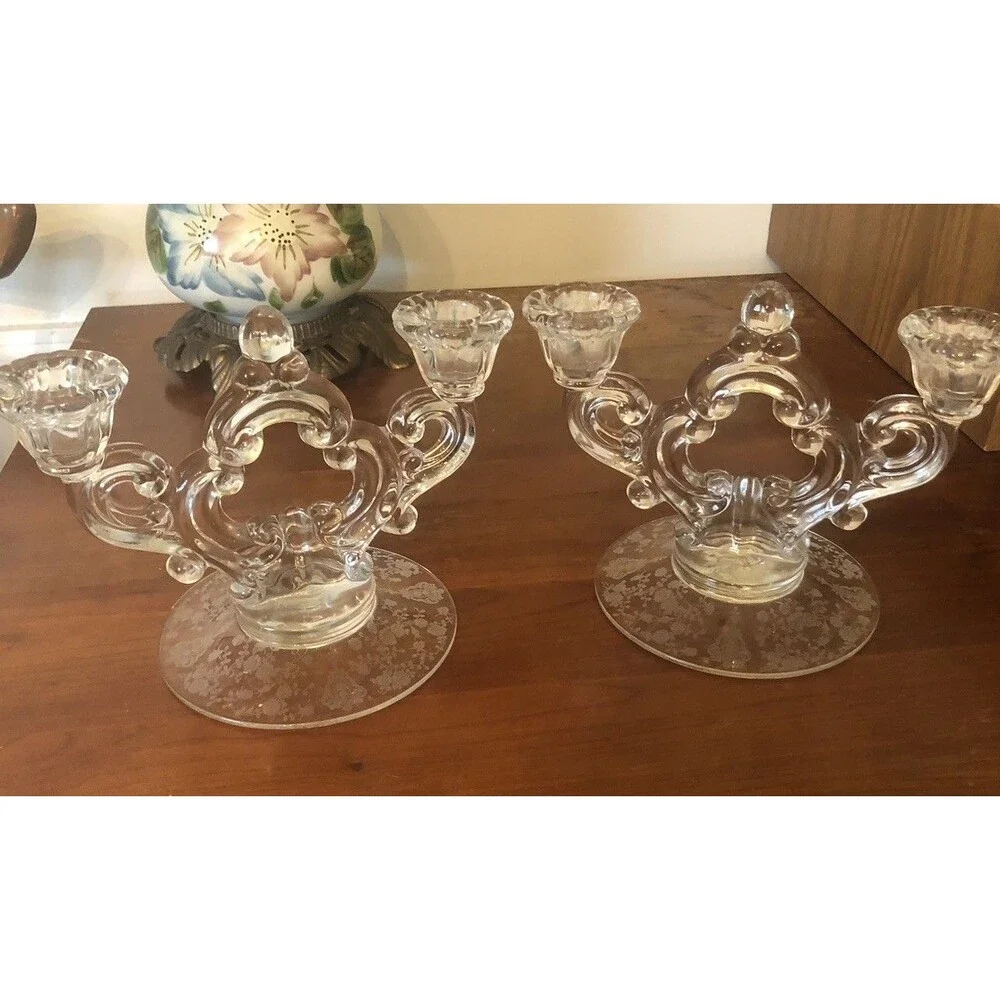 Vintage Set 1950s Cambridge Rose  Point Etched Fouled Candelabras